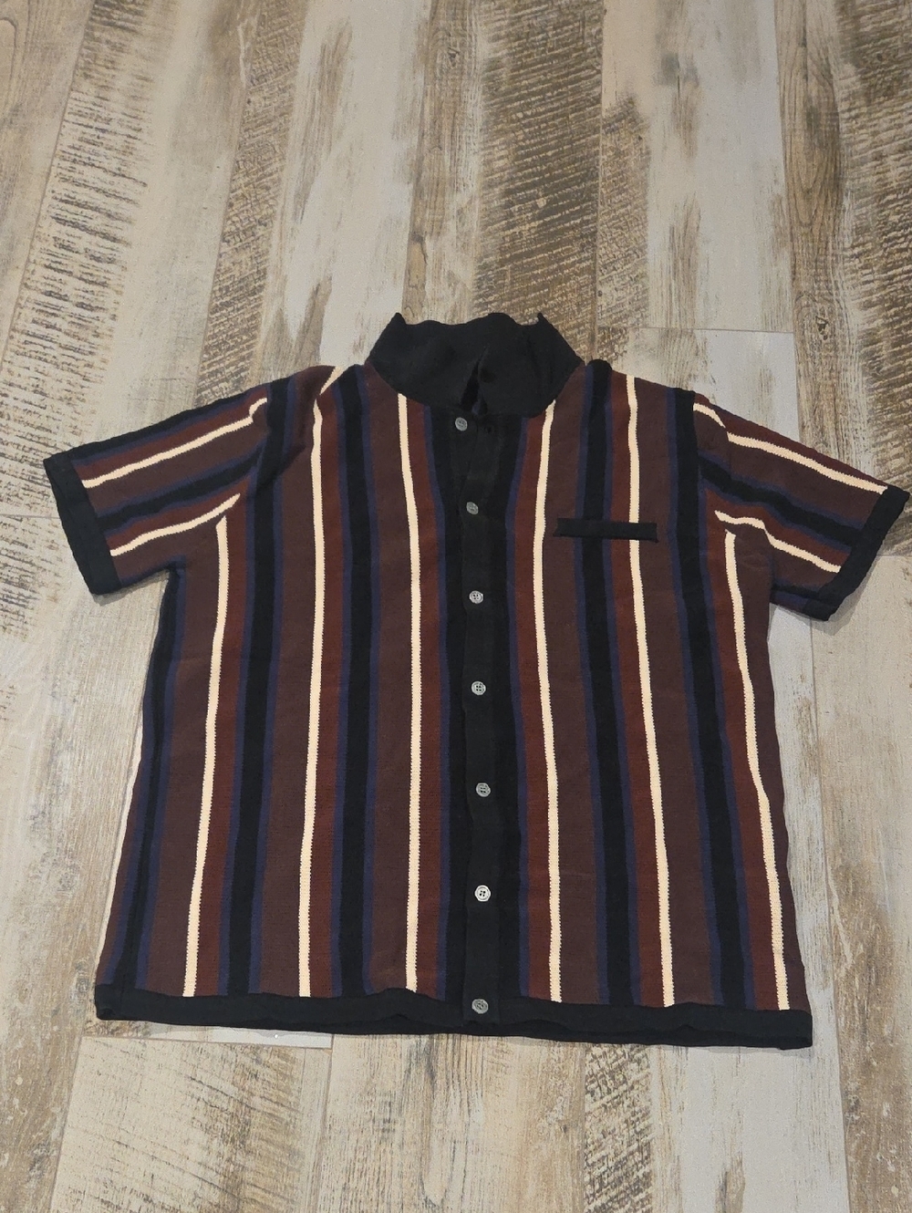 Casual Short-Sleeve Button-Down Shirt in Brown and Navy Stripe